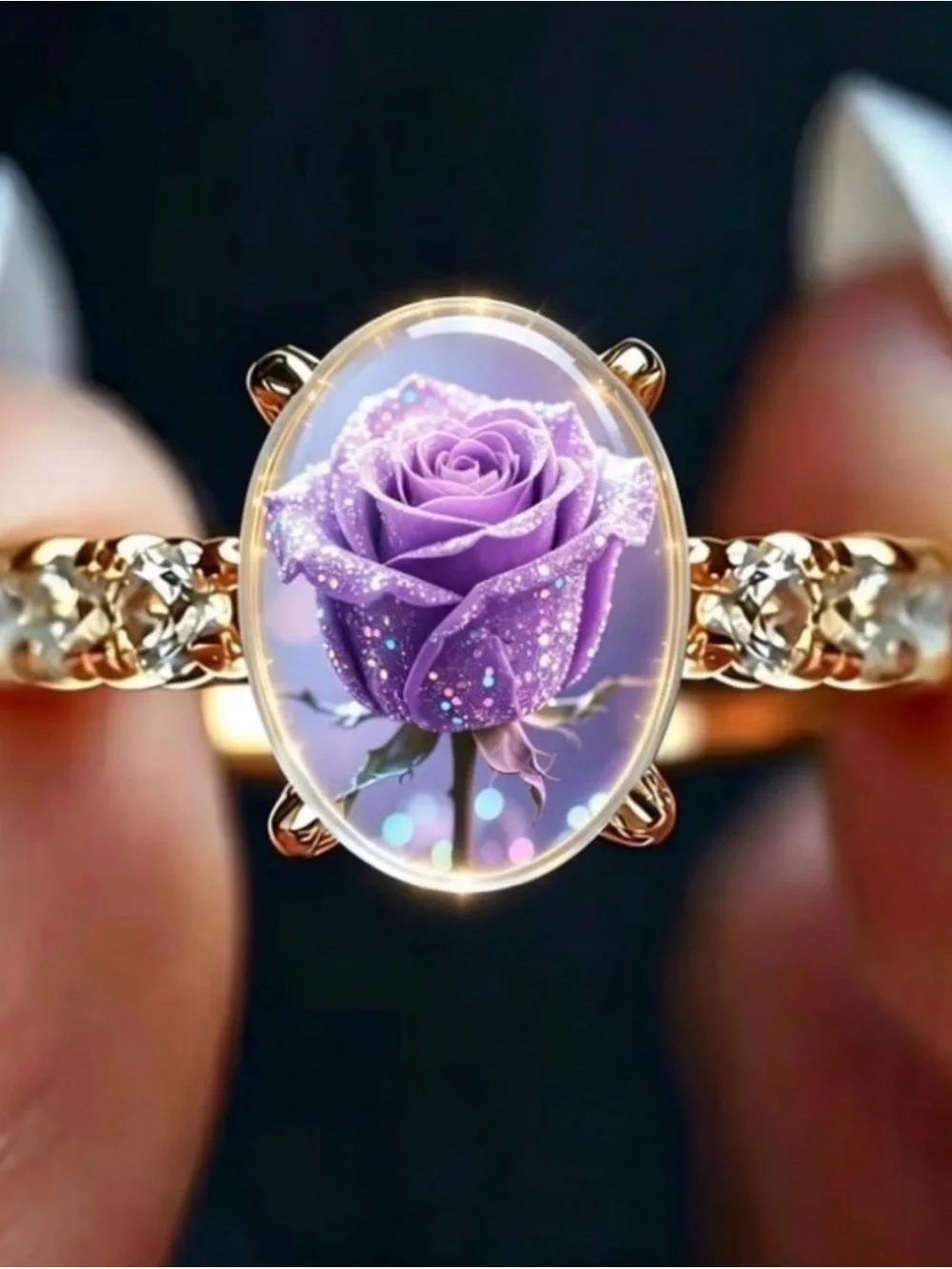 Gold Tone Fashion Ring with Purple Rose Cabochon Size 5.5-NWOT